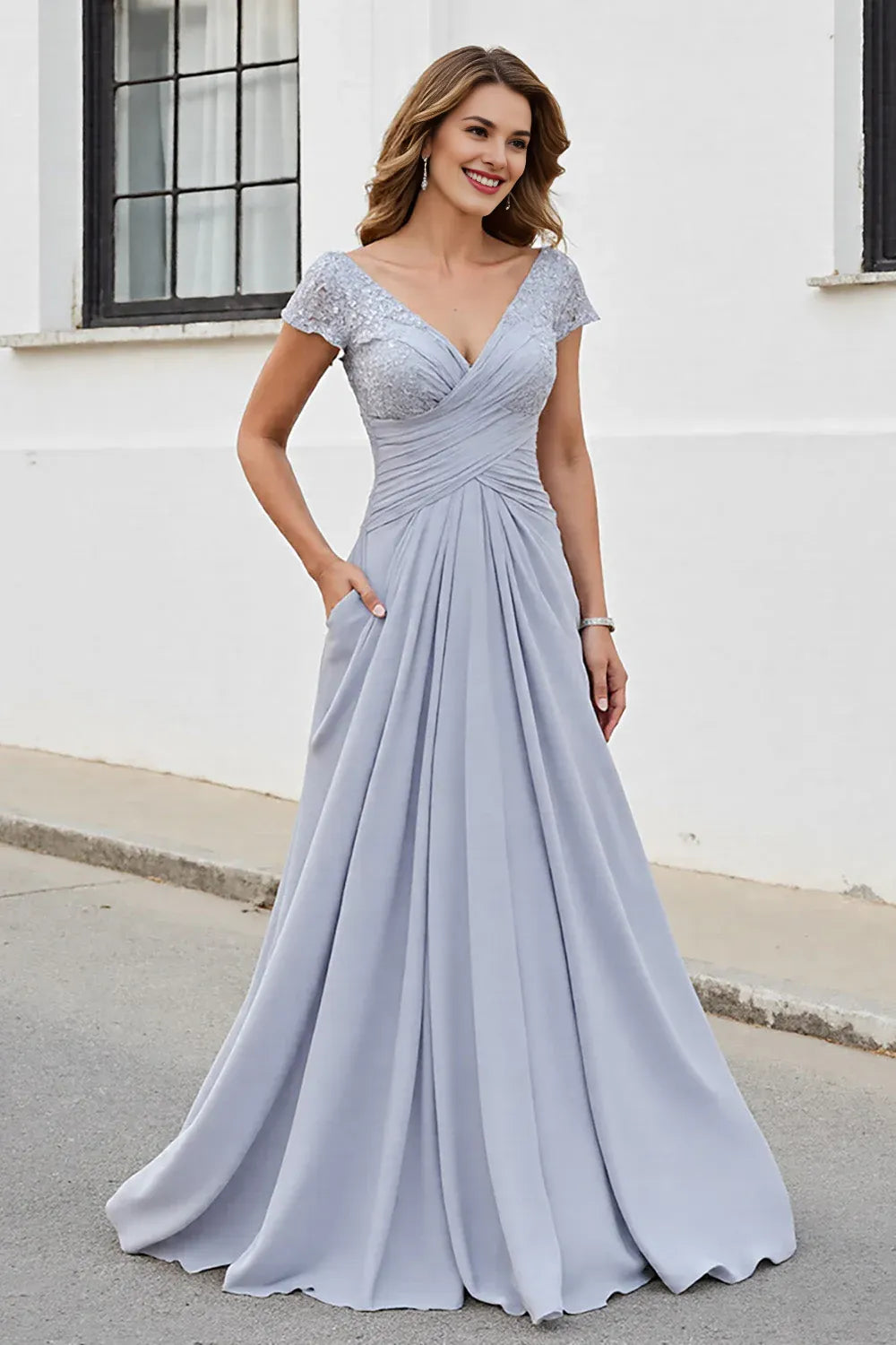 Elegant A Line V-Neck Cap Sleeve V Back Sweep/Brush Train Mother of the Bride Dress