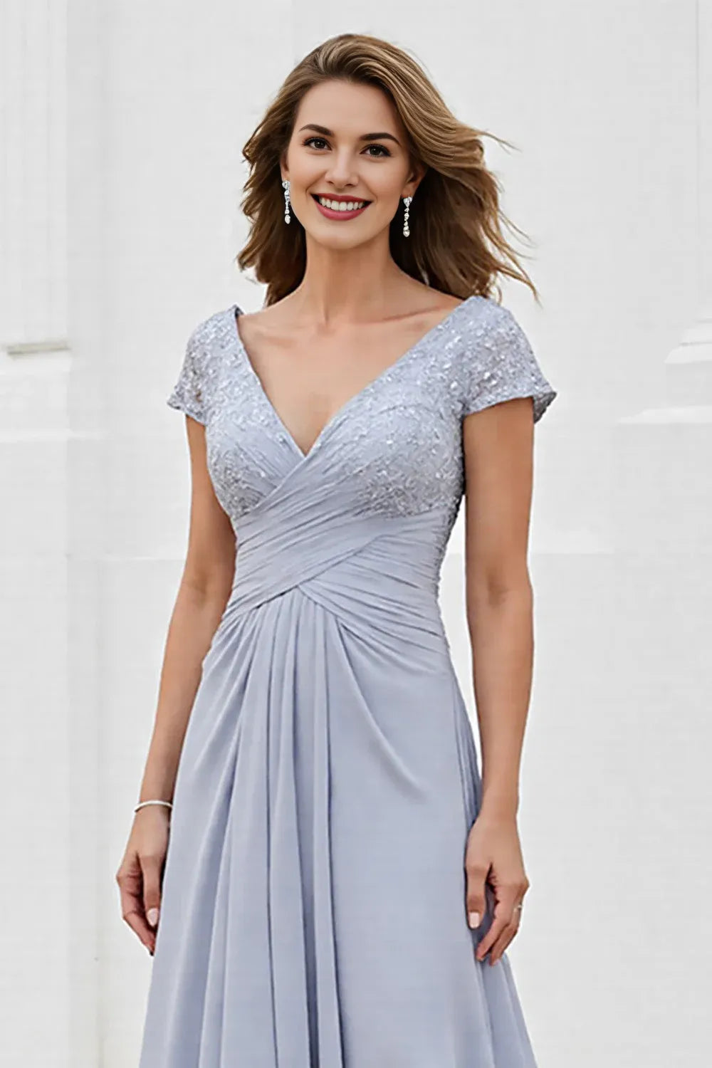 Elegant A Line V-Neck Cap Sleeve V Back Sweep/Brush Train Mother of the Bride Dress