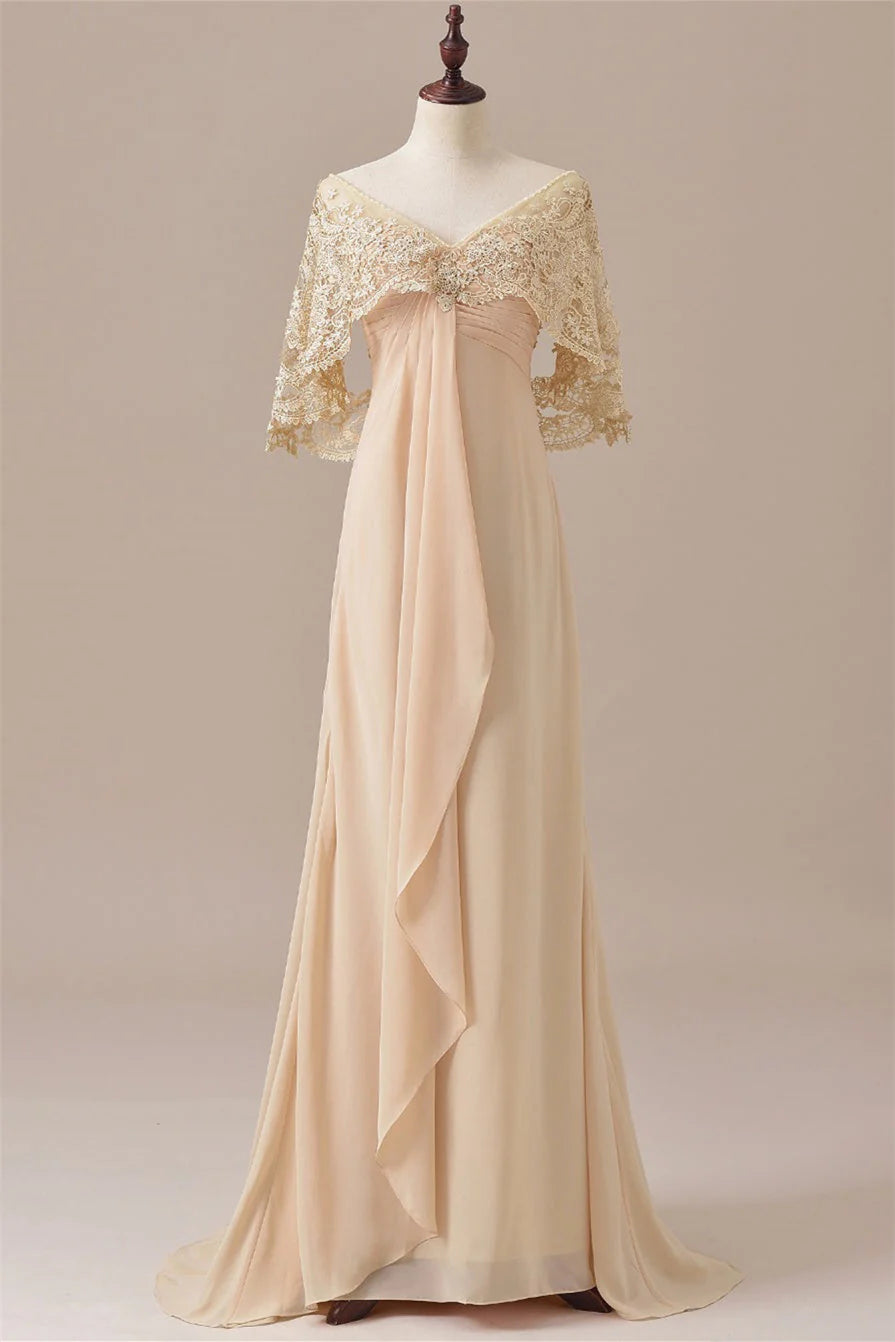 Elegant A Line V-Neck Draped Sleeves Chiffon Floor-Length Mother of the Bride Dress
