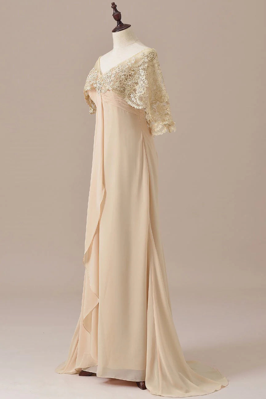 Elegant A Line V-Neck Draped Sleeves Chiffon Floor-Length Mother of the Bride Dress