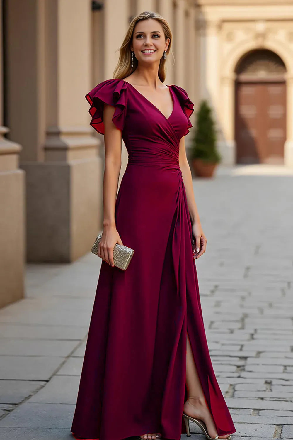 Elegant A Line V-Neck Flutter Sleeve V Back Floor-Length Mother of the Bride Dress