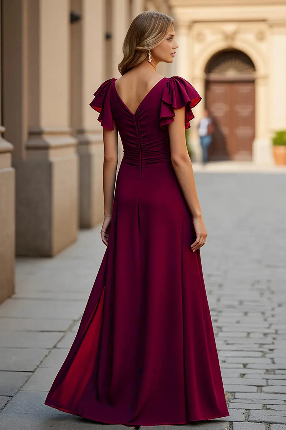 Elegant A Line V-Neck Flutter Sleeve V Back Floor-Length Mother of the Bride Dress