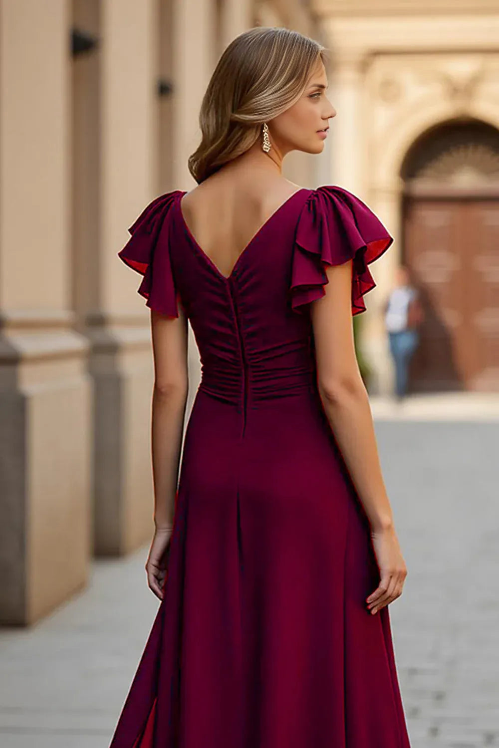 Elegant A Line V-Neck Flutter Sleeve V Back Floor-Length Mother of the Bride Dress