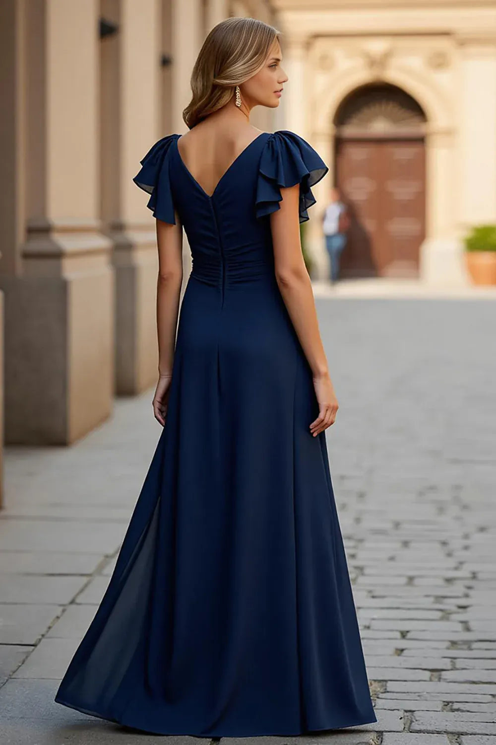 Elegant A Line V-Neck Flutter Sleeve V Back Floor-Length Mother of the Bride Dress