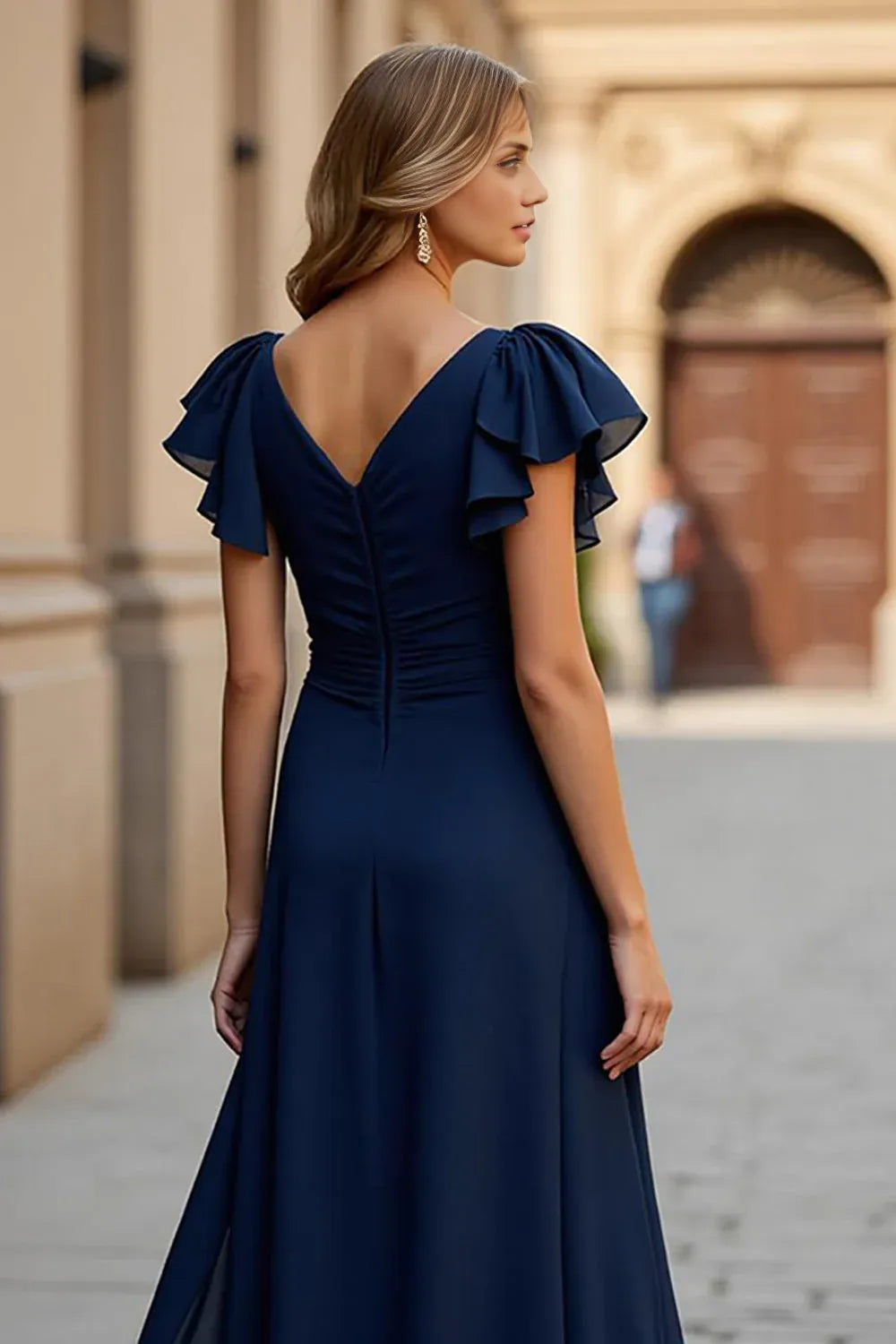 Elegant A Line V-Neck Flutter Sleeve V Back Floor-Length Mother of the Bride Dress