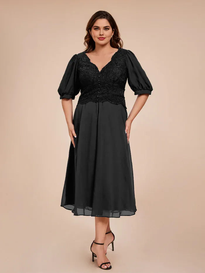 Elegant A Line V-neck Half Lantern Sleeves Chiffon Tea-Length Plus Size Mother of the Bride Dress