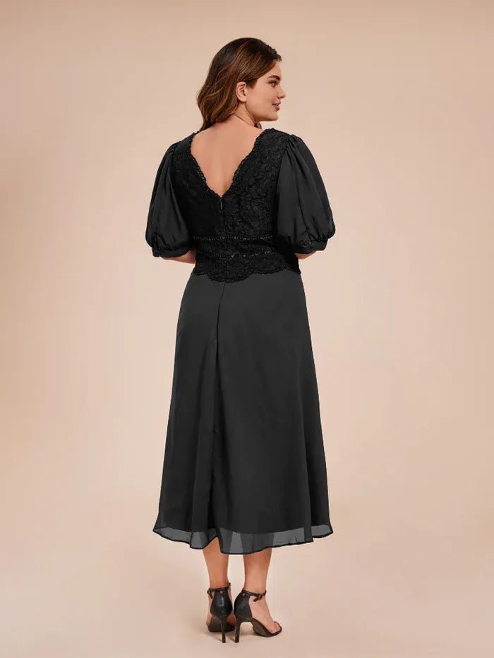 Elegant A Line V-neck Half Lantern Sleeves Chiffon Tea-Length Plus Size Mother of the Bride Dress