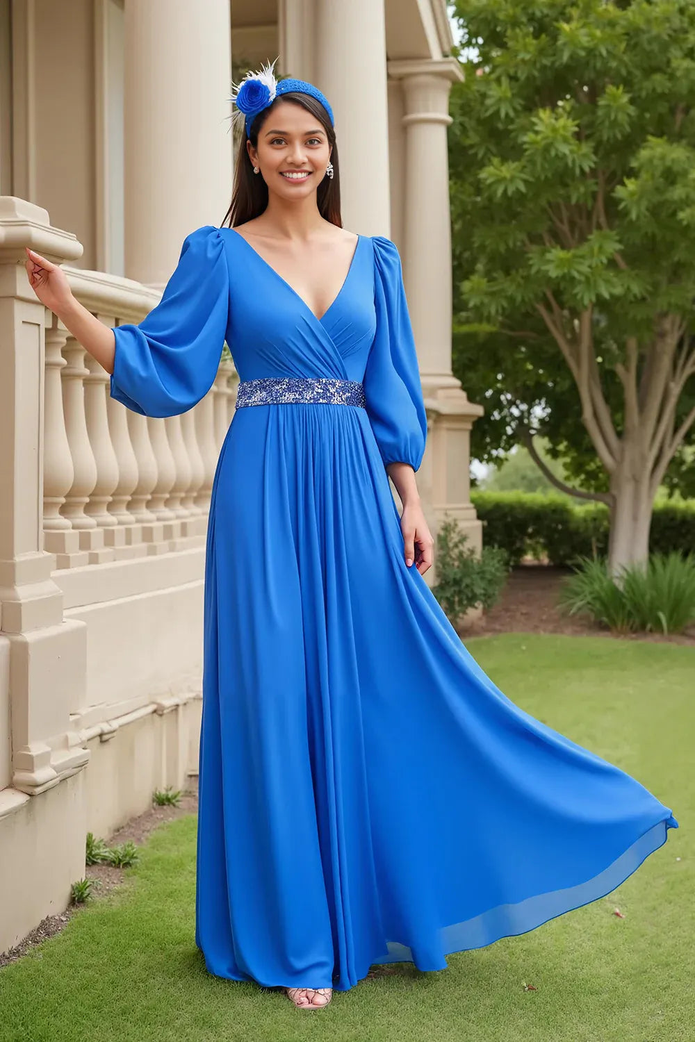 Elegant A Line V Neck Long Sleeve V Back Floor-Length Mother of the Bride Dress