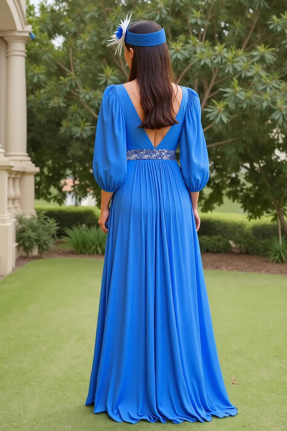 Elegant A Line V Neck Long Sleeve V Back Floor-Length Mother of the Bride Dress