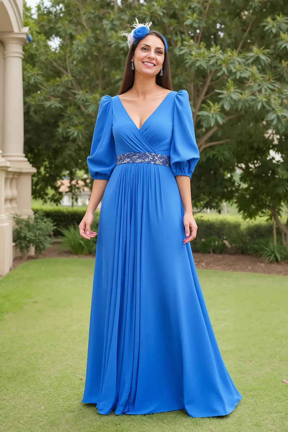 Elegant A Line V Neck Long Sleeve V Back Floor-Length Mother of the Bride Dress