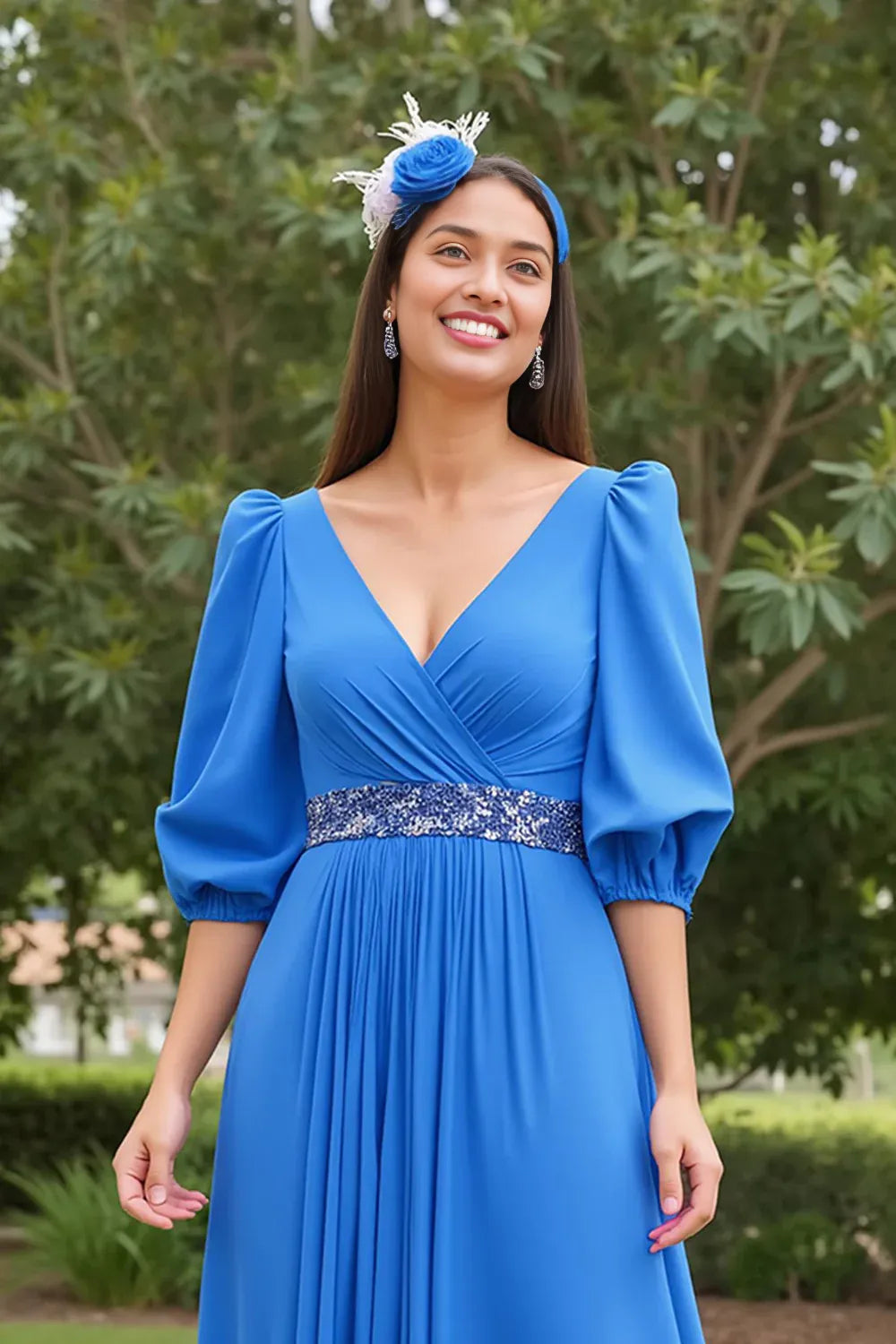 Elegant A Line V Neck Long Sleeve V Back Floor-Length Mother of the Bride Dress