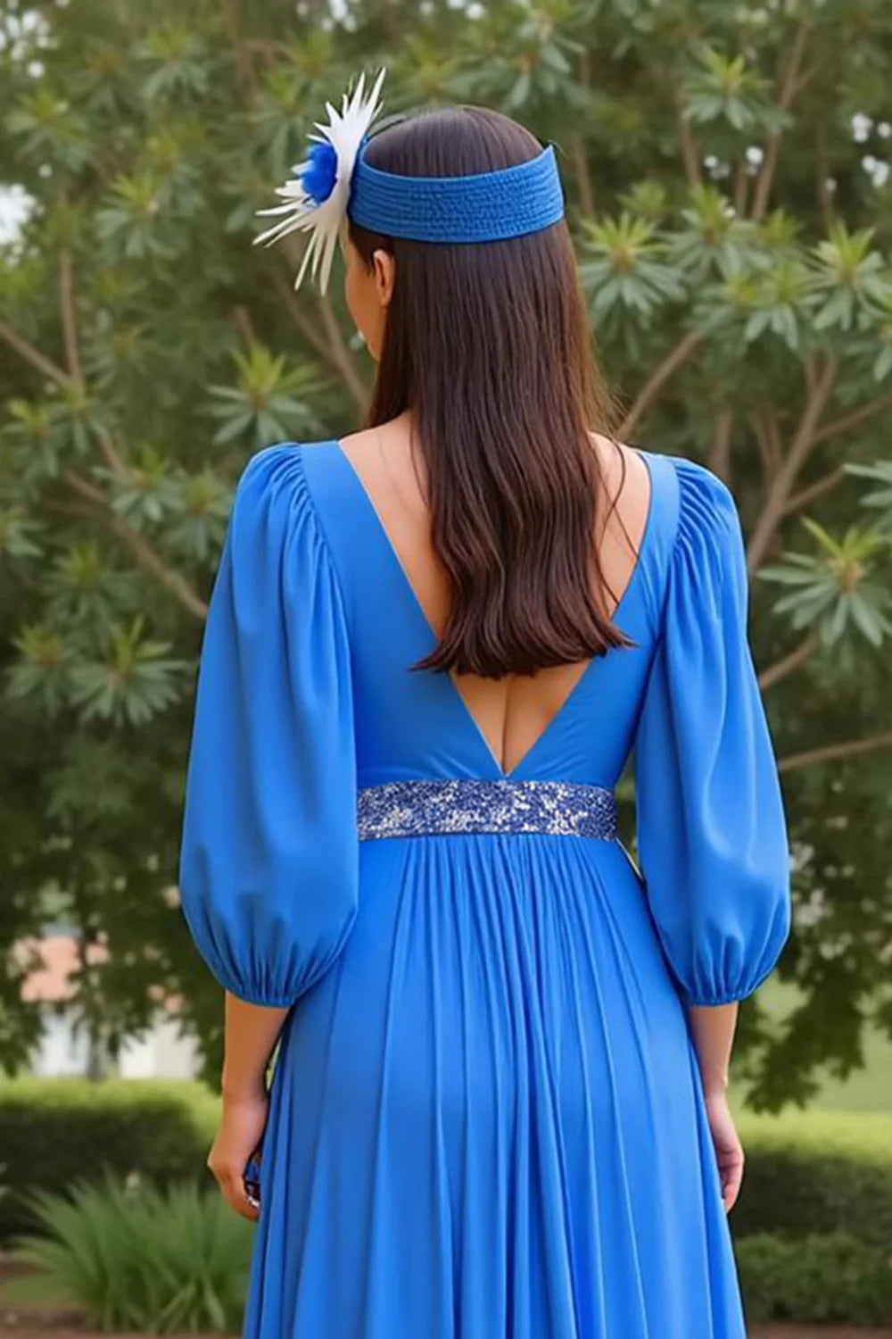 Elegant A Line V Neck Long Sleeve V Back Floor-Length Mother of the Bride Dress