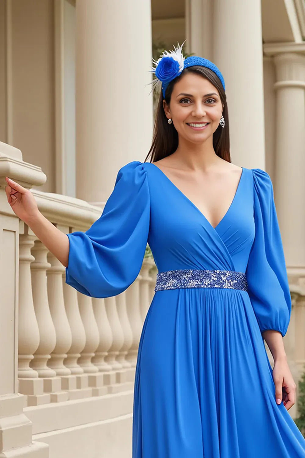 Elegant A Line V Neck Long Sleeve V Back Floor-Length Mother of the Bride Dress