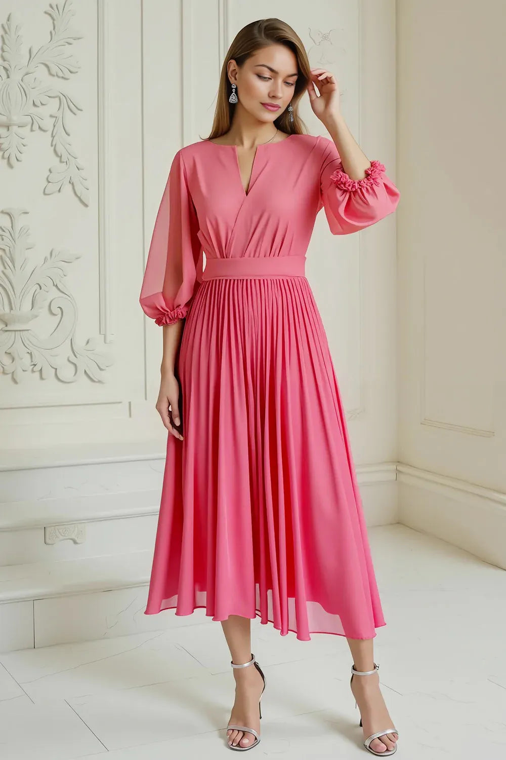 Elegant A Line V Neck Long Sleeve Zipper Up Ankle-Length Mother of the Bride Dress