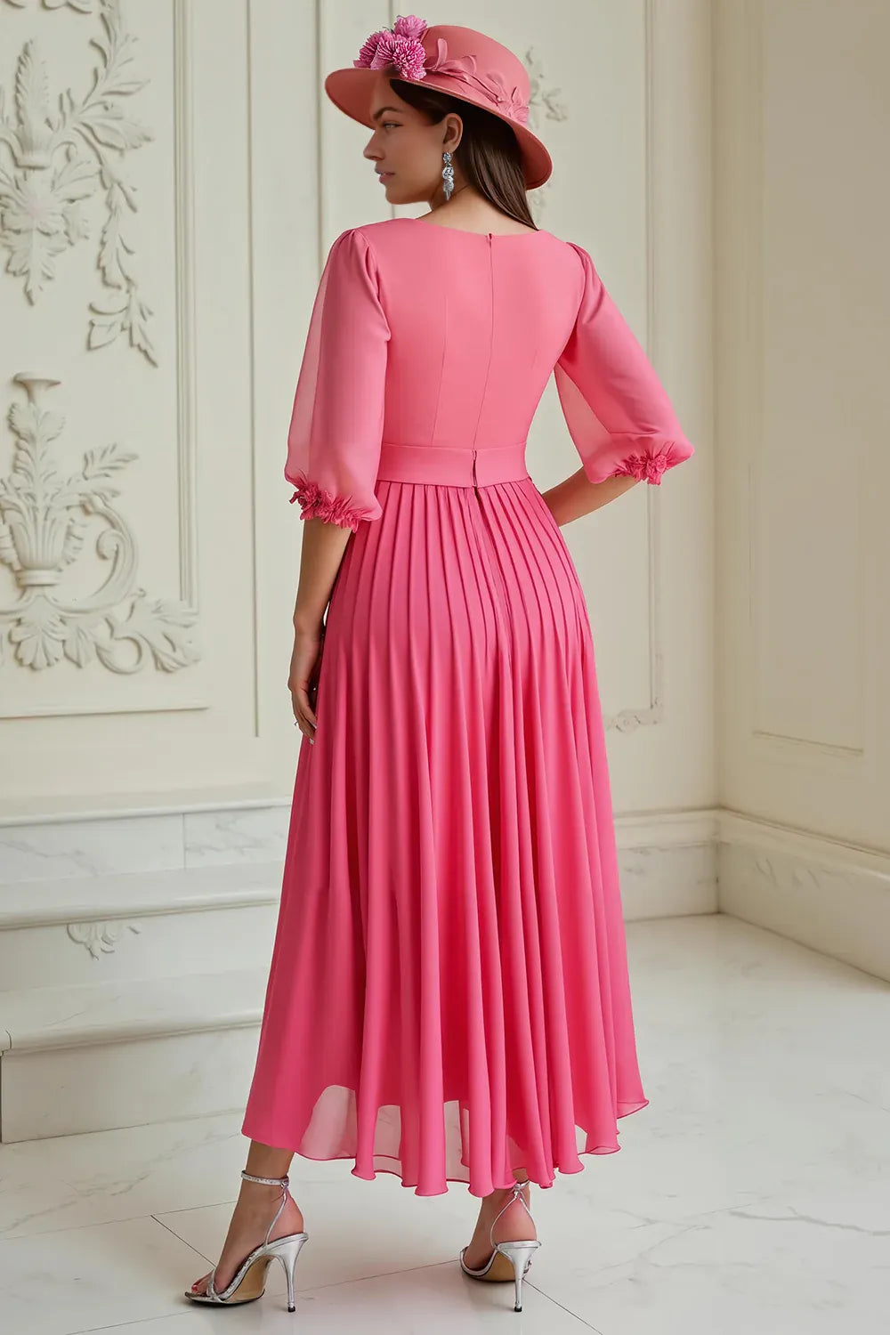 Elegant A Line V Neck Long Sleeve Zipper Up Ankle-Length Mother of the Bride Dress