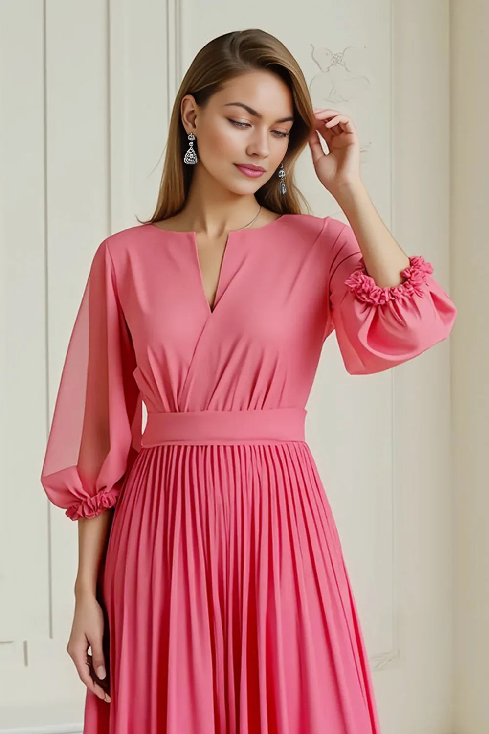 Elegant A Line V Neck Long Sleeve Zipper Up Ankle-Length Mother of the Bride Dress