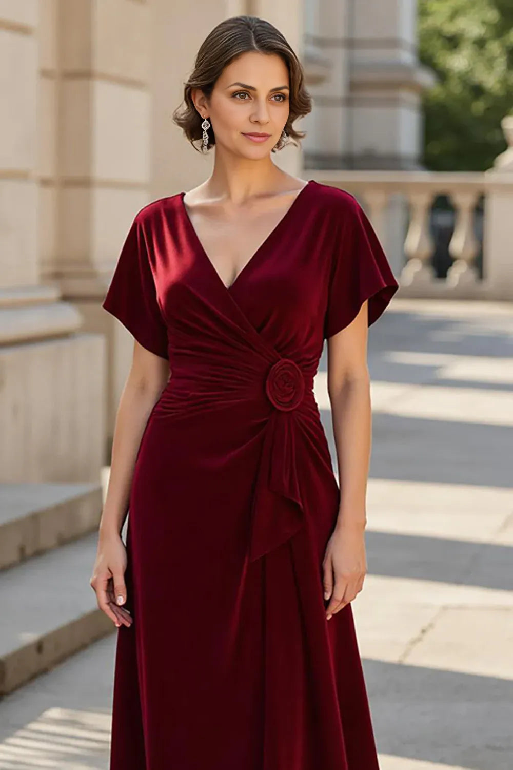 Elegant A Line V Neck Short Sleeve V Back Floor-Length Mother of the Bride Dress