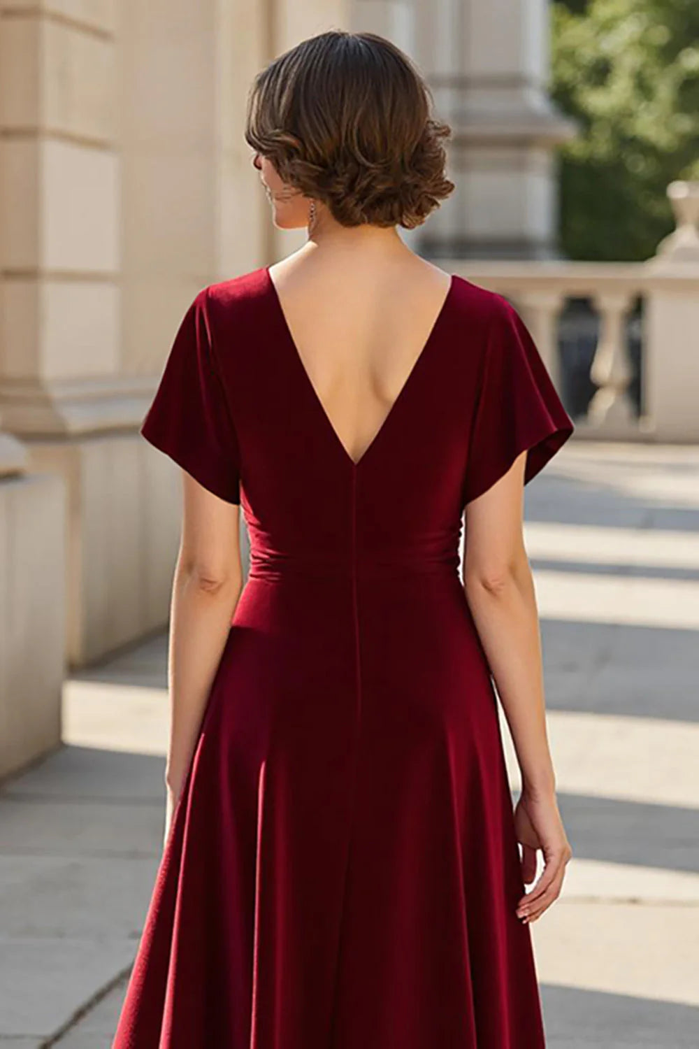 Elegant A Line V Neck Short Sleeve V Back Floor-Length Mother of the Bride Dress
