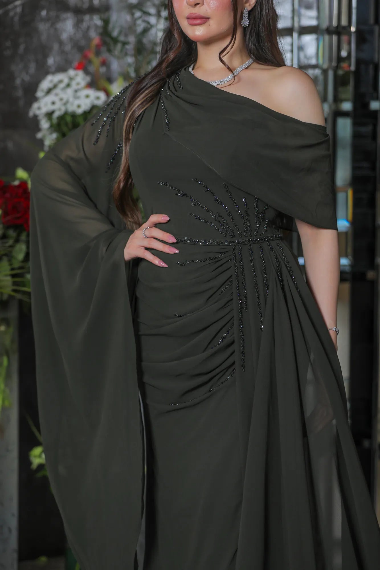 Elegant Asymmetrical Neck Long Sleeves A-Line Pleated Chiffon Floor-Length Evening Dress