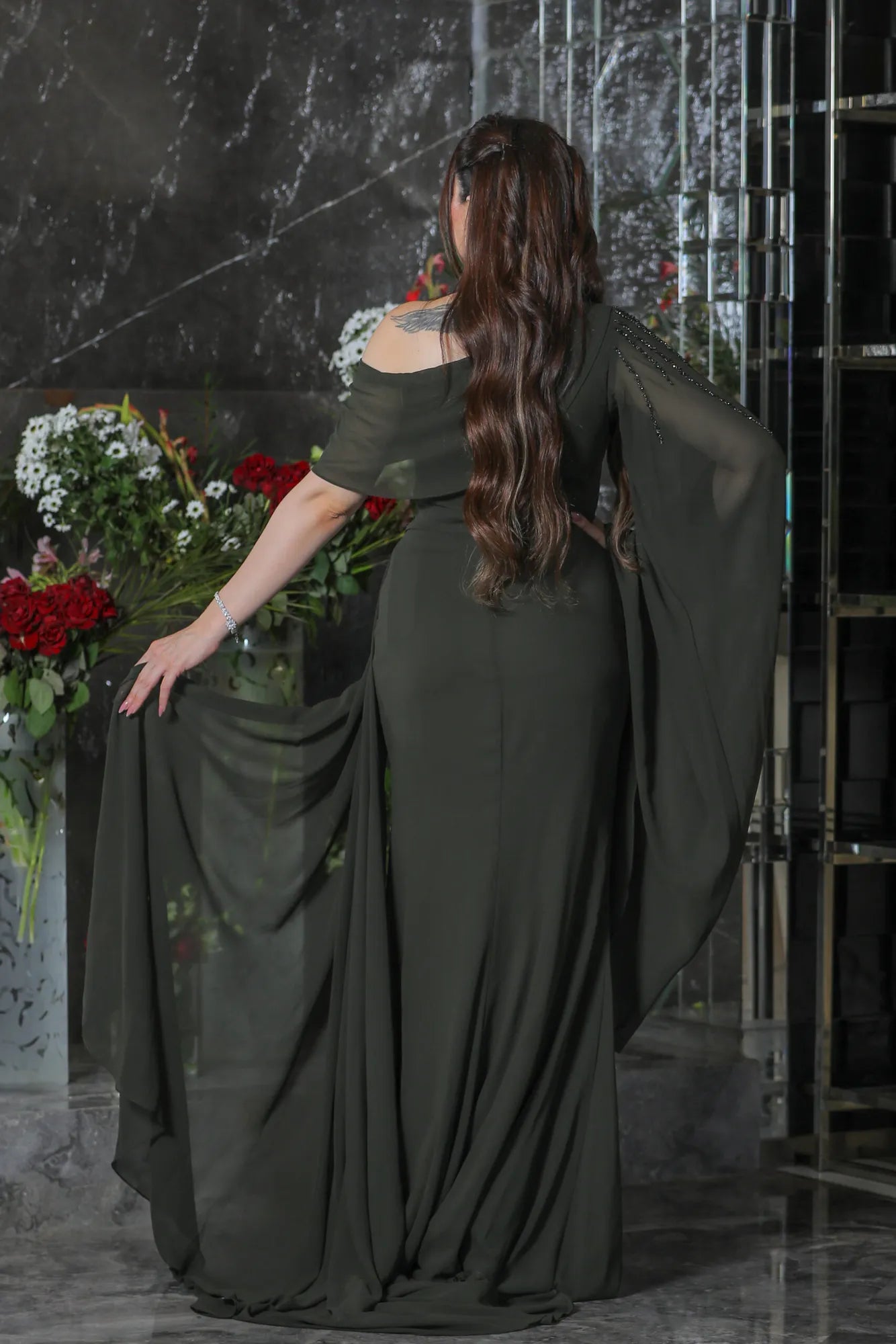 Elegant Asymmetrical Neck Long Sleeves A-Line Pleated Chiffon Floor-Length Evening Dress