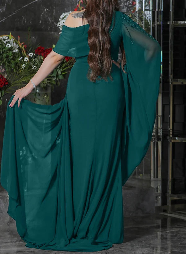 Elegant Asymmetrical Neck Long Sleeves A-Line Pleated Chiffon Floor-Length Evening Dress