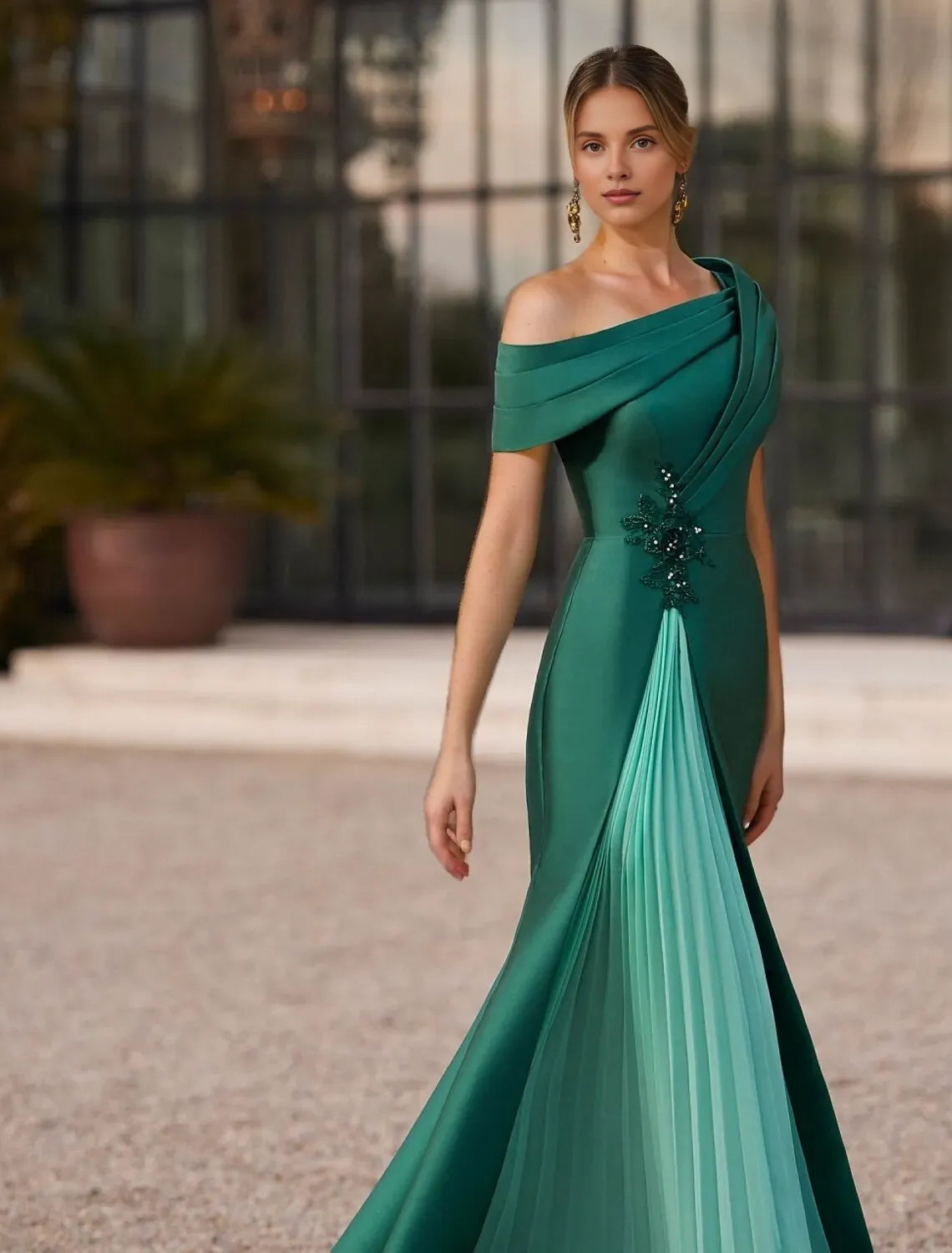 Elegant Ball Gown Short Sleeve One Shoulder Satin Appliques Floor-Length Mother Of The Bride Dress