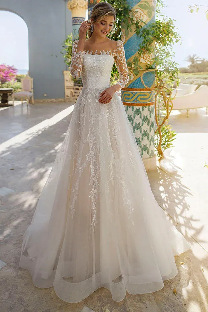 Elegant Bateau-Neck Long-Sleeves A-Line Tulle Lace Applique Long Wedding Dress