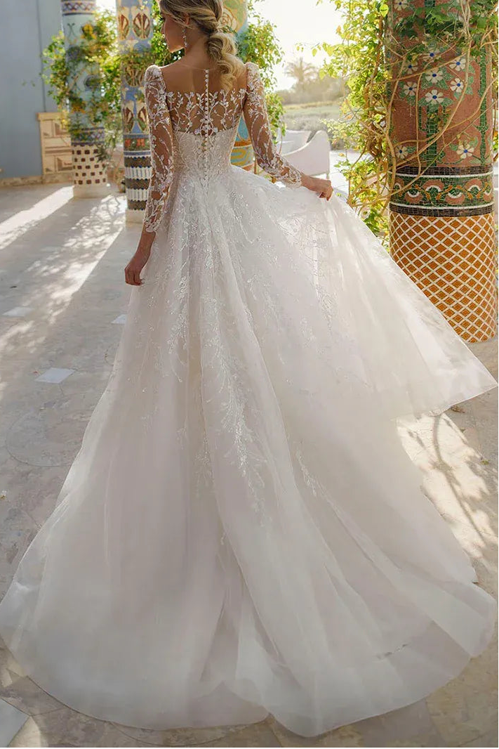 Elegant Bateau-Neck Long-Sleeves A-Line Tulle Lace Applique Long Wedding Dress