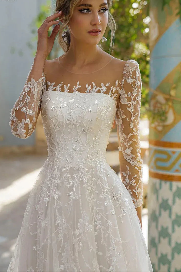 Elegant Bateau-Neck Long-Sleeves A-Line Tulle Lace Applique Long Wedding Dress
