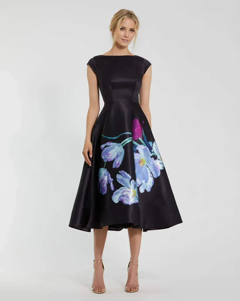 Vestido Weitese elegante de satén negro con mangas cortas y estampado floral, vestido de noche, corte A, con mangas cortas y vestido de fiesta. 