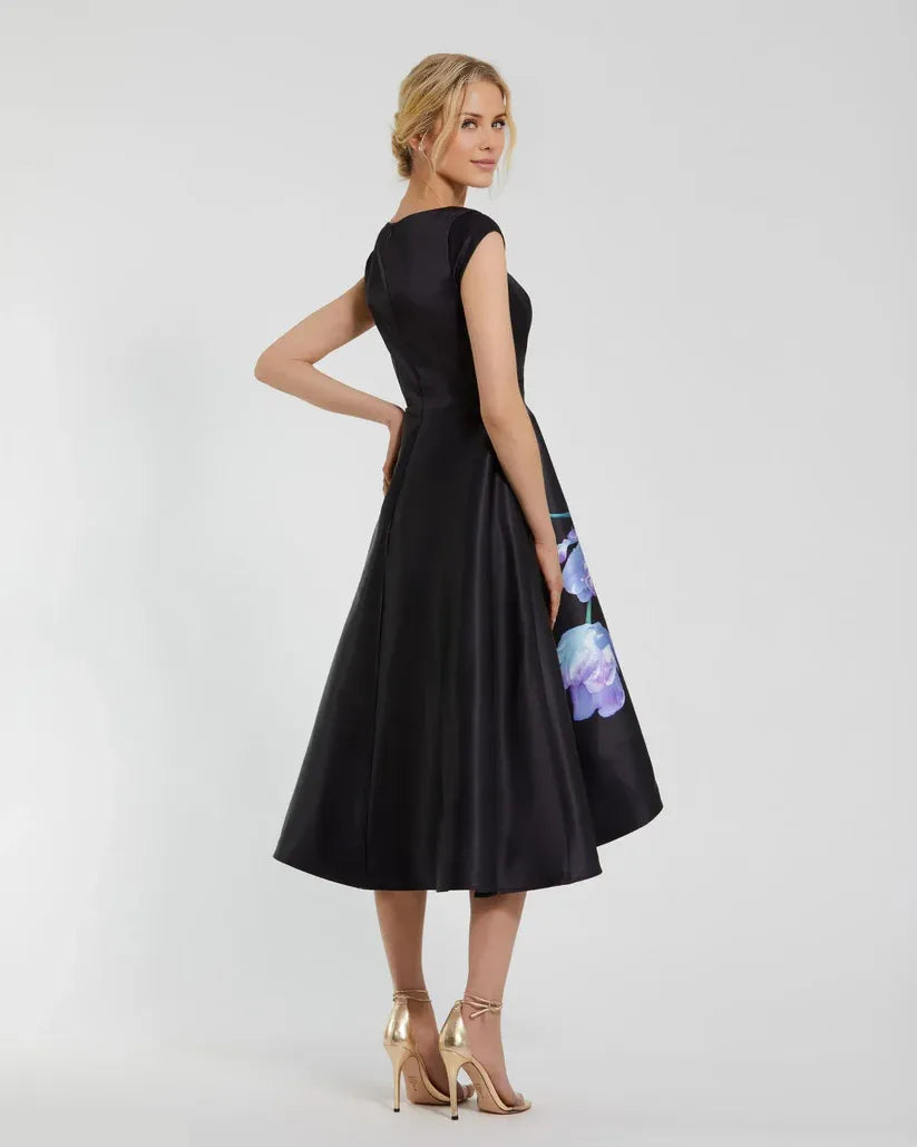 Vestido Weitese elegante de satén negro con mangas cortas y estampado floral, vestido de noche, corte A, con mangas cortas y vestido de fiesta. 