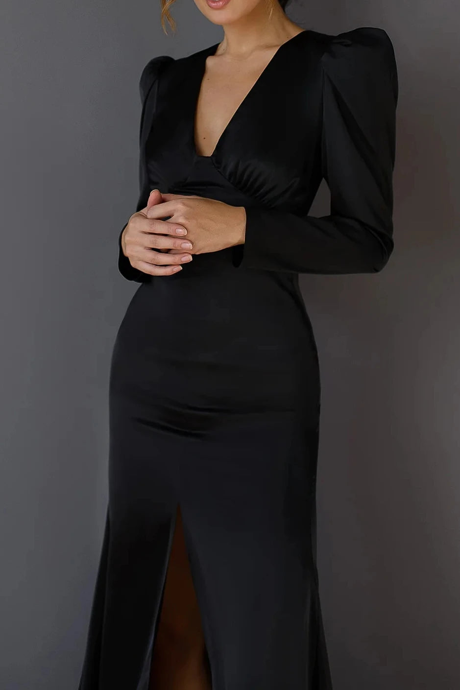 Elegant Black V-neck Ankle Length Long Puff-Sleeve Party Dress Prom Dress With Slit