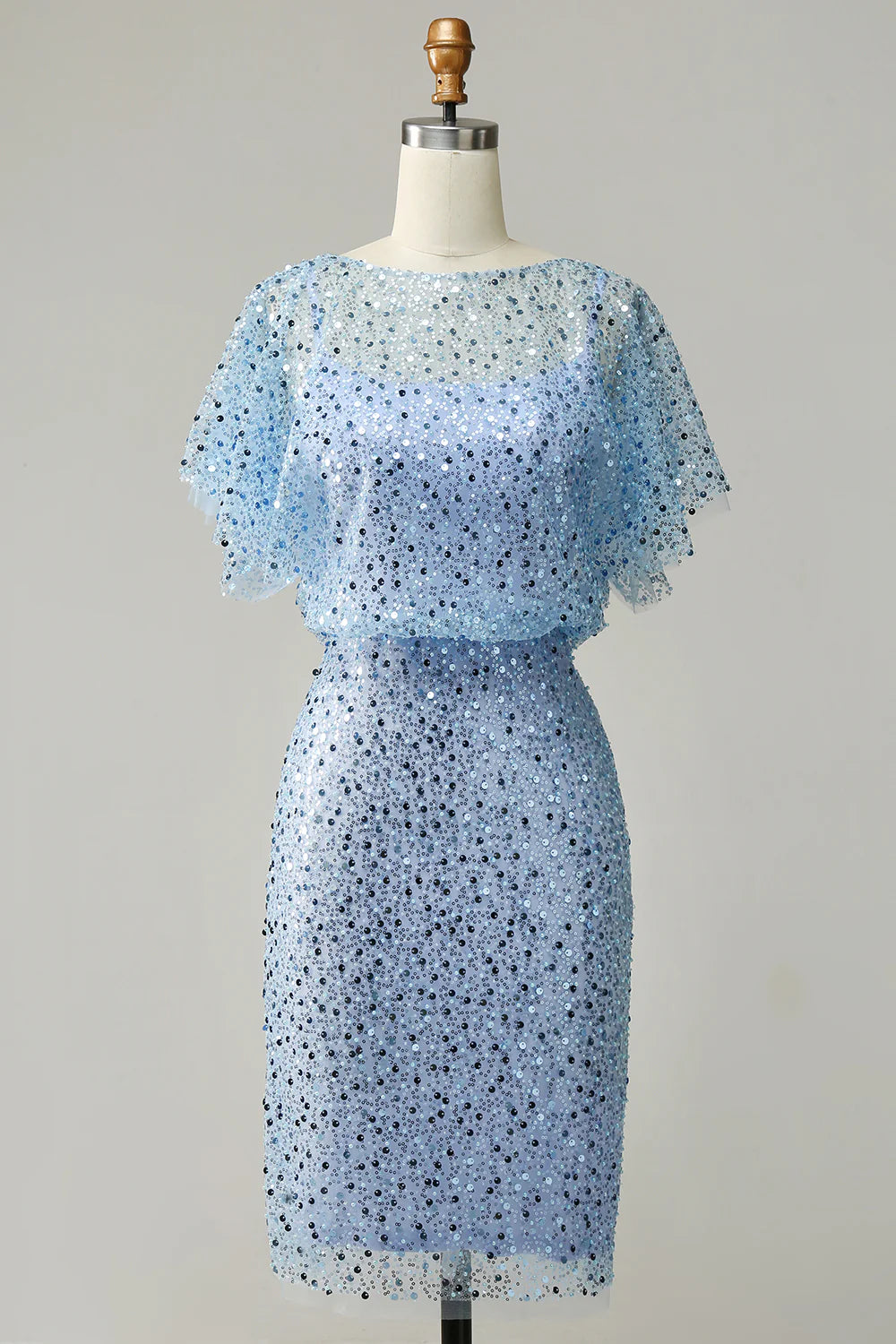 Elegant Bodycon Scoop-Neck Butterfly Sleeve Sheer Back Knee-Length Mother of the Bride Dress