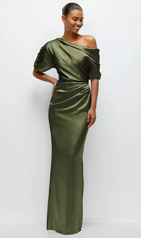 Elegant Column Asymmetrical Off-the-Shoulder Short Sleeve Backless Floor-Length Mother of the Bride Dress