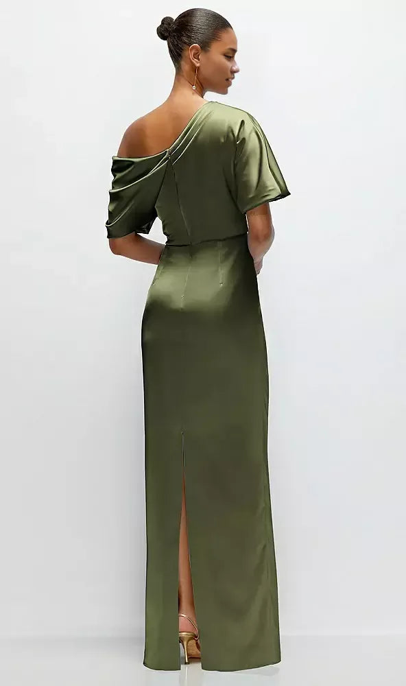 Elegant Column Asymmetrical Off-the-Shoulder Short Sleeve Backless Floor-Length Mother of the Bride Dress