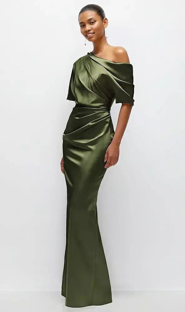 Elegant Column Asymmetrical Off-the-Shoulder Short Sleeve Backless Floor-Length Mother of the Bride Dress