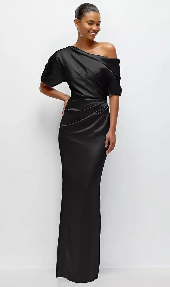 Elegant Column Asymmetrical Off-the-Shoulder Short Sleeve Backless Floor-Length Mother of the Bride Dress