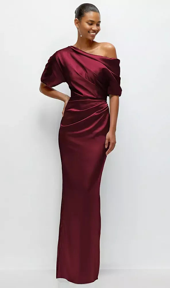 Elegant Column Asymmetrical Off-the-Shoulder Short Sleeve Backless Floor-Length Mother of the Bride Dress