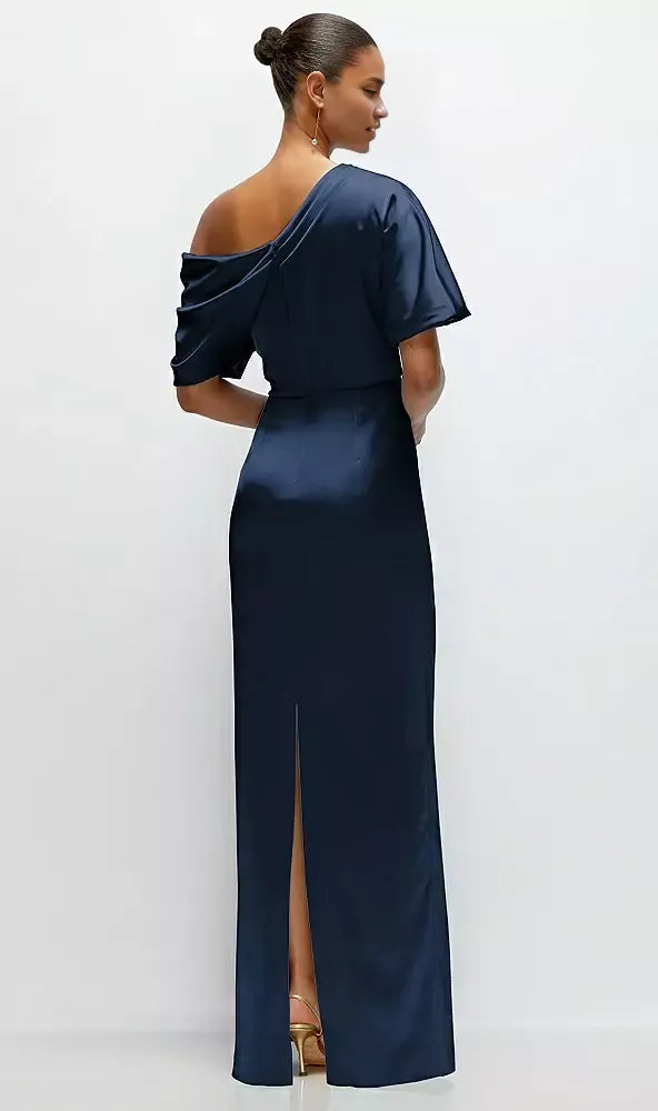 Elegant Column Asymmetrical Off-the-Shoulder Short Sleeve Backless Floor-Length Mother of the Bride Dress