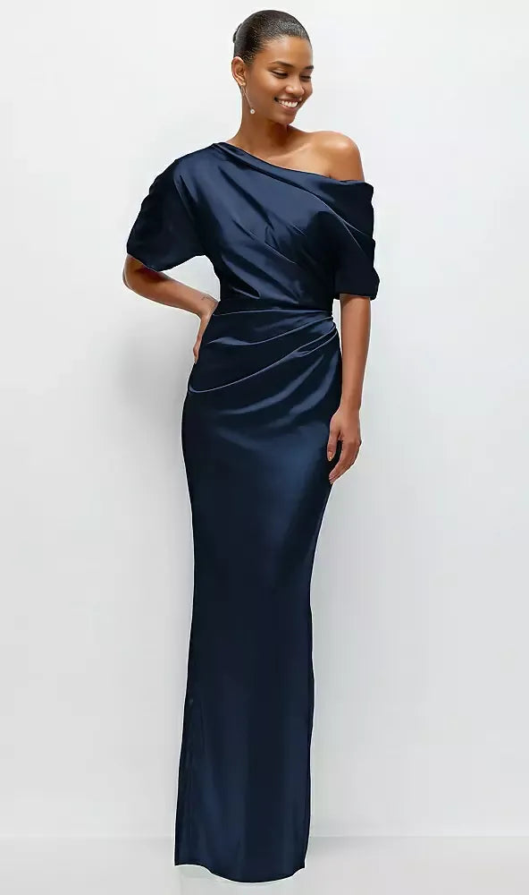 Elegant Column Asymmetrical Off-the-Shoulder Short Sleeve Backless Floor-Length Mother of the Bride Dress