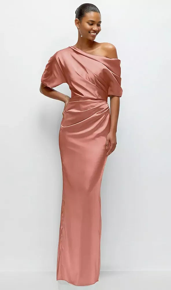 Elegant Column Asymmetrical Off-the-Shoulder Short Sleeve Backless Floor-Length Mother of the Bride Dress