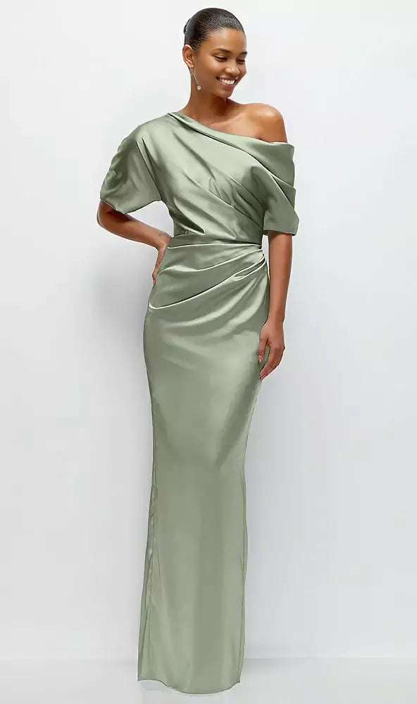 Elegant Column Asymmetrical Off-the-Shoulder Short Sleeve Backless Floor-Length Mother of the Bride Dress