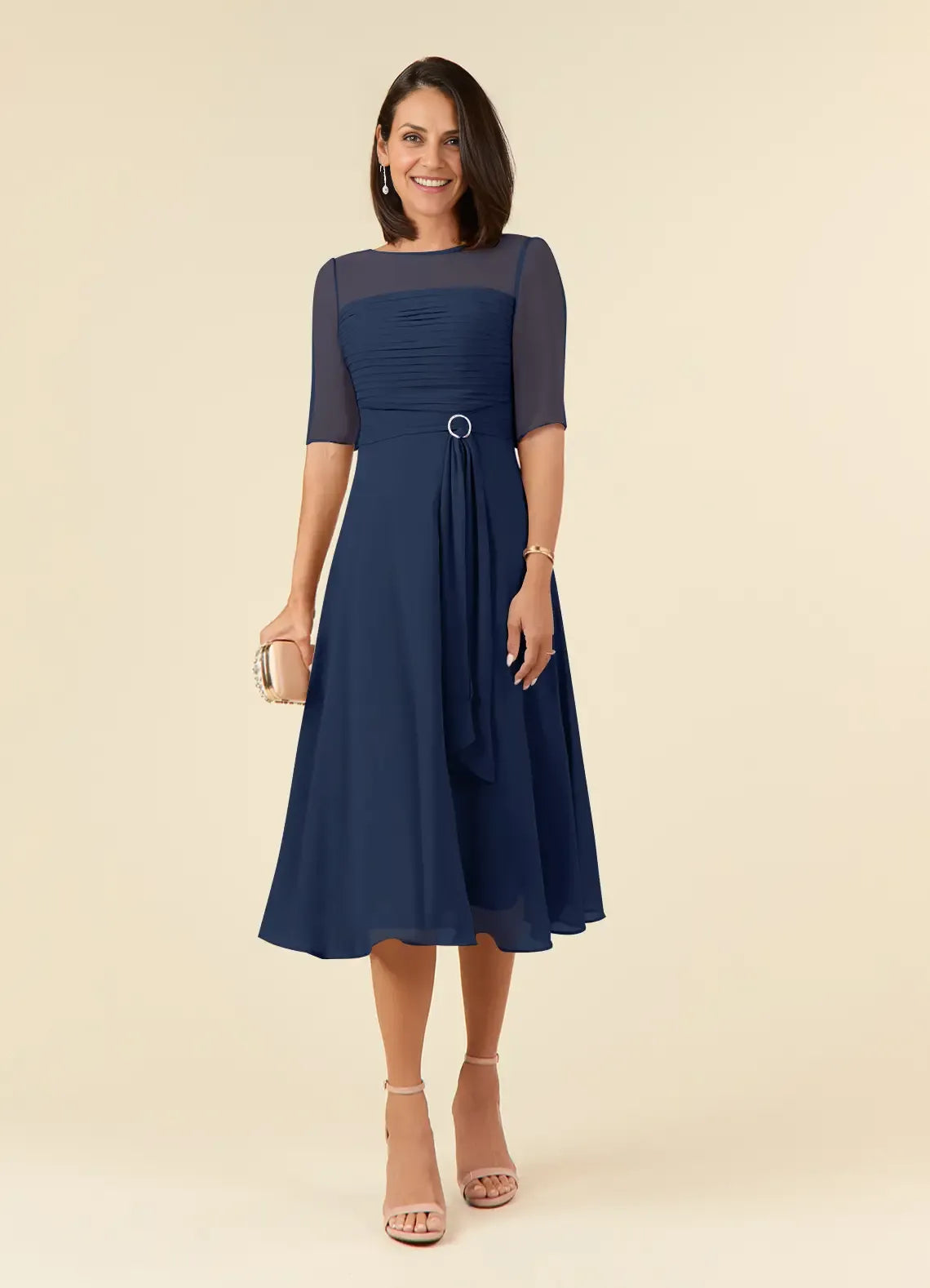 Weitese Dress Elegant Dark Navy A-Line Boatneck Pleated Chiffon Dress Short Sleeve V Back Tea-Length Mother of the Bride Dress