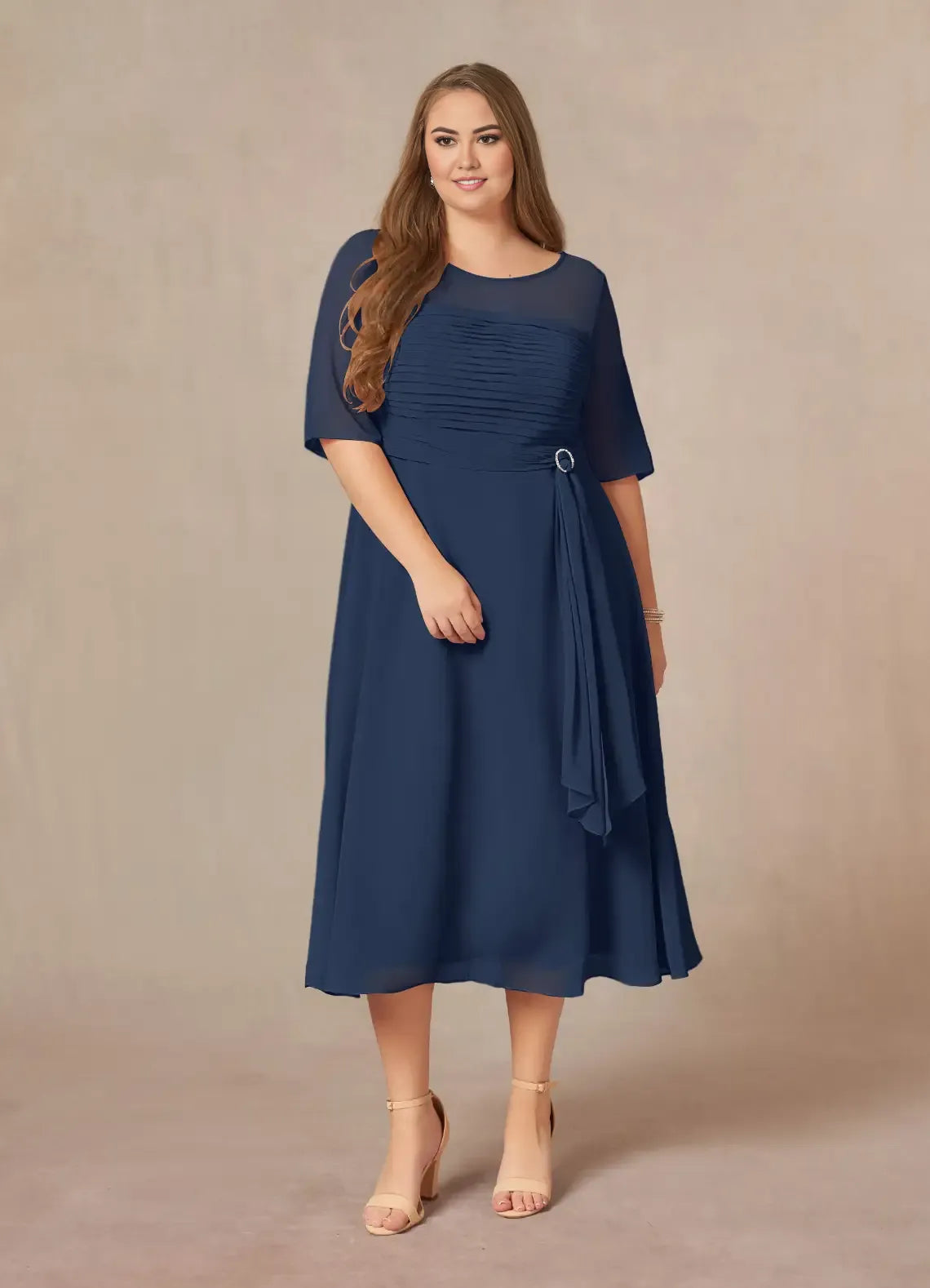 Robe élégante bleu marine foncé, coupe trapèze, col bateau, mousseline plissée, grande taille, pour mère de la mariée, manches courtes, dos en V, longueur thé 