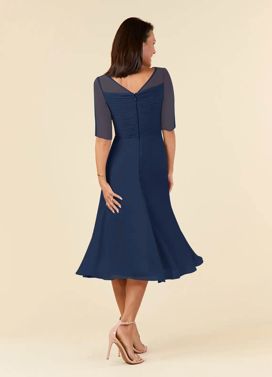 Weitese Dress Elegant Dark Navy A-Line Boatneck Pleated Chiffon Dress Short Sleeve V Back Tea-Length Mother of the Bride Dress