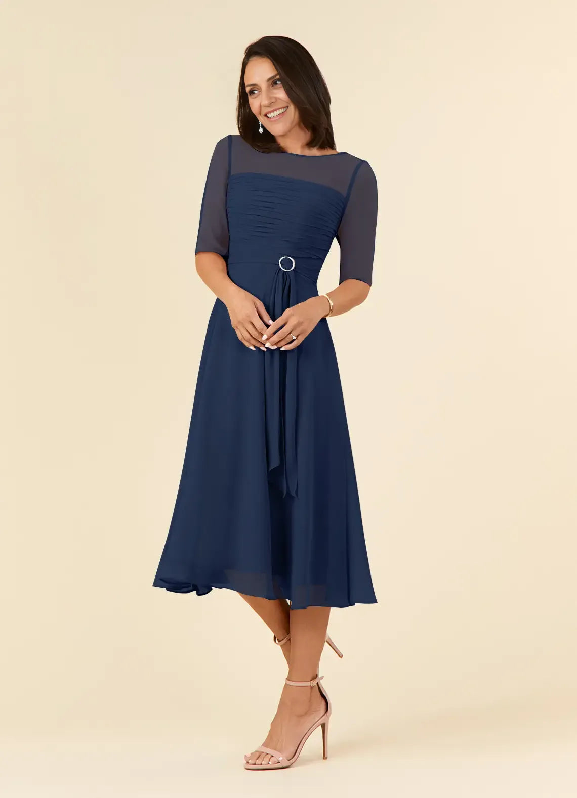 Weitese Dress Elegant Dark Navy A-Line Boatneck Pleated Chiffon Dress Short Sleeve V Back Tea-Length Mother of the Bride Dress