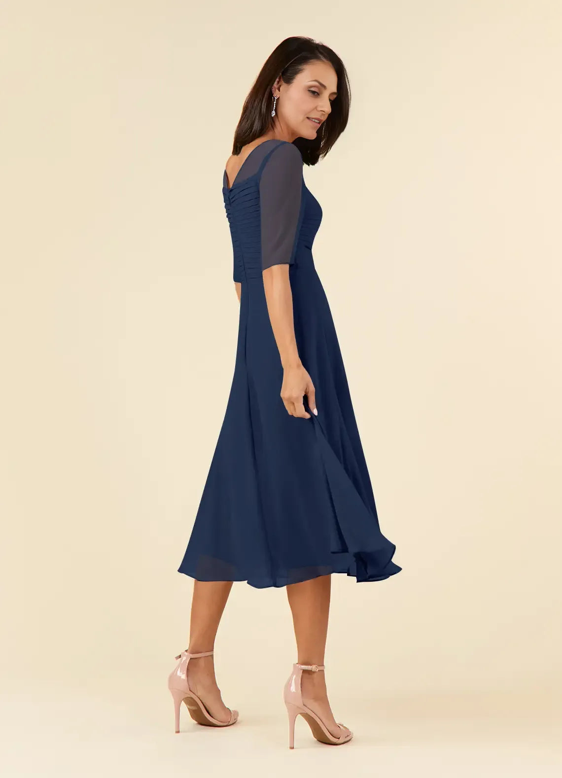 Weitese Dress Elegant Dark Navy A-Line Boatneck Pleated Chiffon Dress Short Sleeve V Back Tea-Length Mother of the Bride Dress