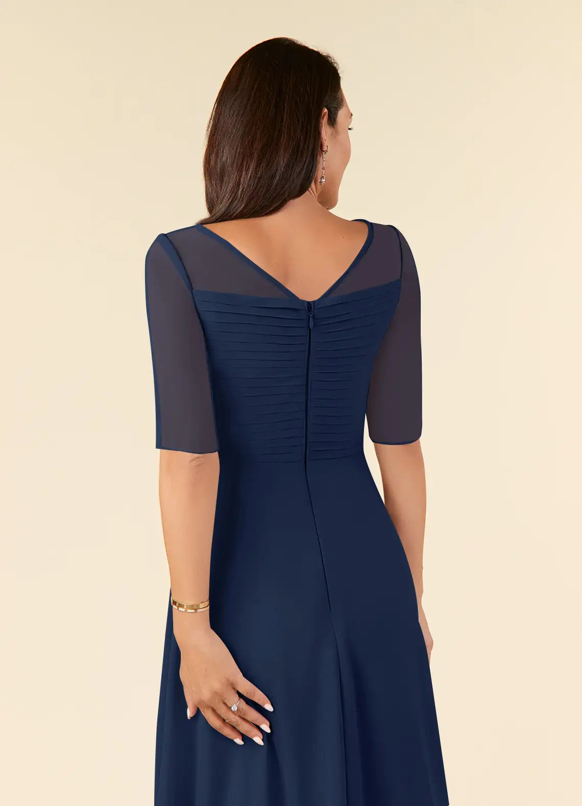 Weitese Dress Elegant Dark Navy A-Line Boatneck Pleated Chiffon Dress Short Sleeve V Back Tea-Length Mother of the Bride Dress