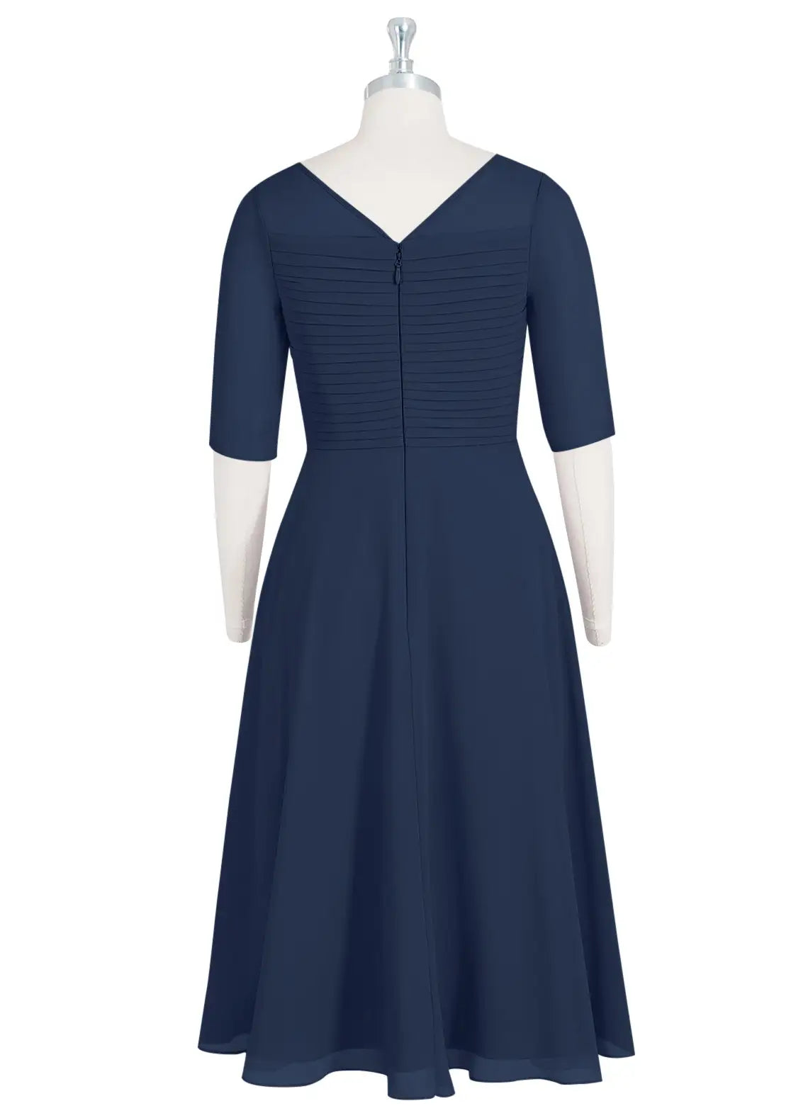 Weitese Dress Elegant Dark Navy A-Line Boatneck Pleated Chiffon Dress Short Sleeve V Back Tea-Length Mother of the Bride Dress