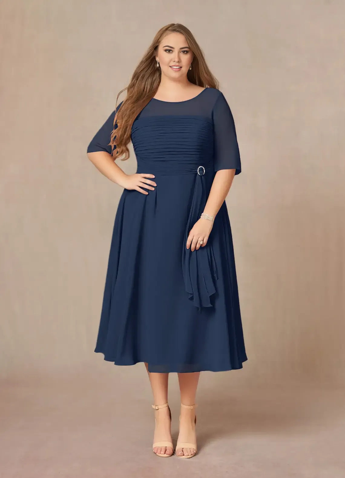 Robe élégante bleu marine foncé, coupe trapèze, col bateau, mousseline plissée, grande taille, pour mère de la mariée, manches courtes, dos en V, longueur thé 